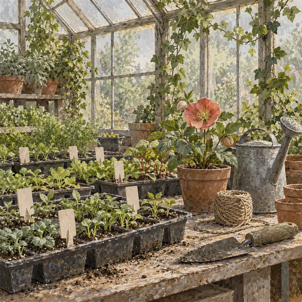 A painting of seedling trays and a flowering plant on a potting bench in a sunlit greenhouse.