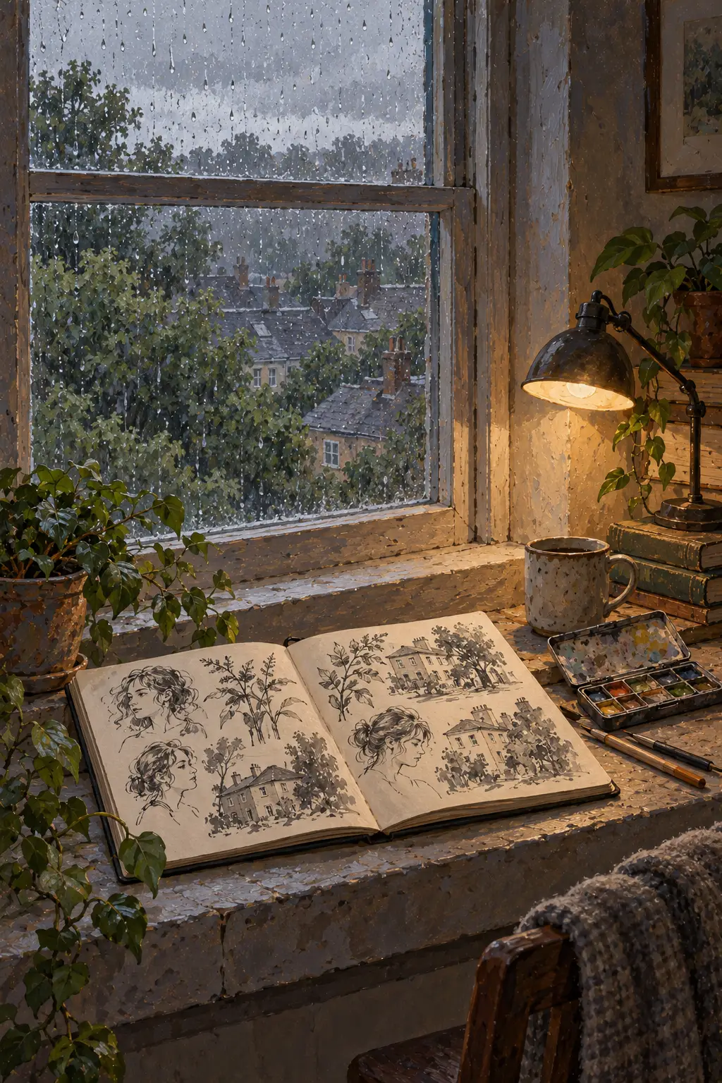 A painting of an open sketchbook on a rainy windowsill, beside a lamp and a box of watercolors.