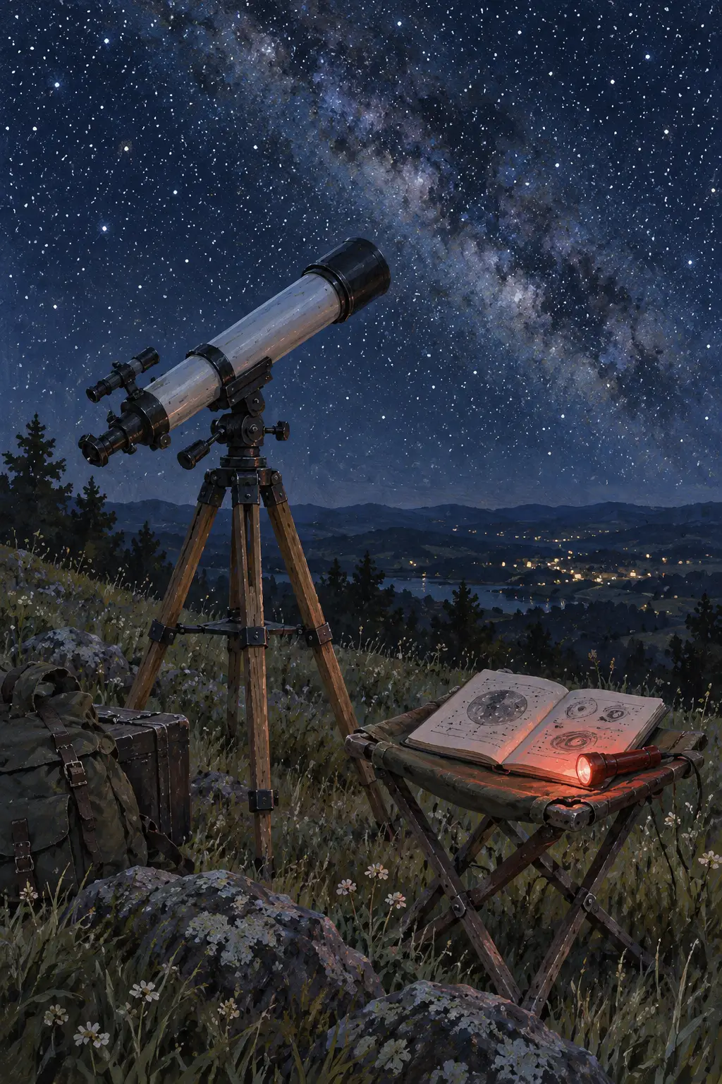 A painting of a telescope on a grassy hill under the Milky Way, with an open star book and a red torch on a camp stool.